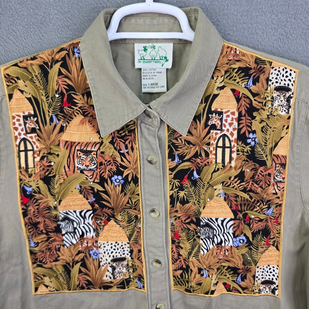 Vintage Quacker Factory Shirt Safari Animal Print Rhinestone Khaki Large Cotton